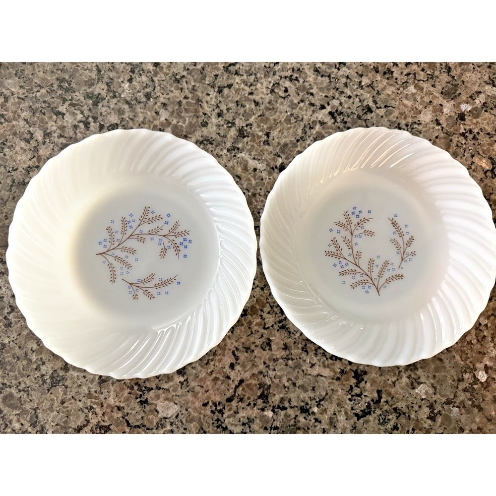 Vintage Termocrisa Milk Glass Bowls Blue Floral Brown Wheat Swirl Edge Set of 2